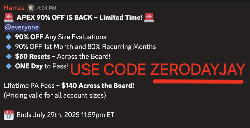zerodayjay's tweet photo. Been waiting for this!!! Use THE BEST CODE ZERODAYJAY #apextraderfunding #90OFF #propfirmdiscounts #propfirms #daytrader #tradingfutures https://t.co/yOC7L7PPCw