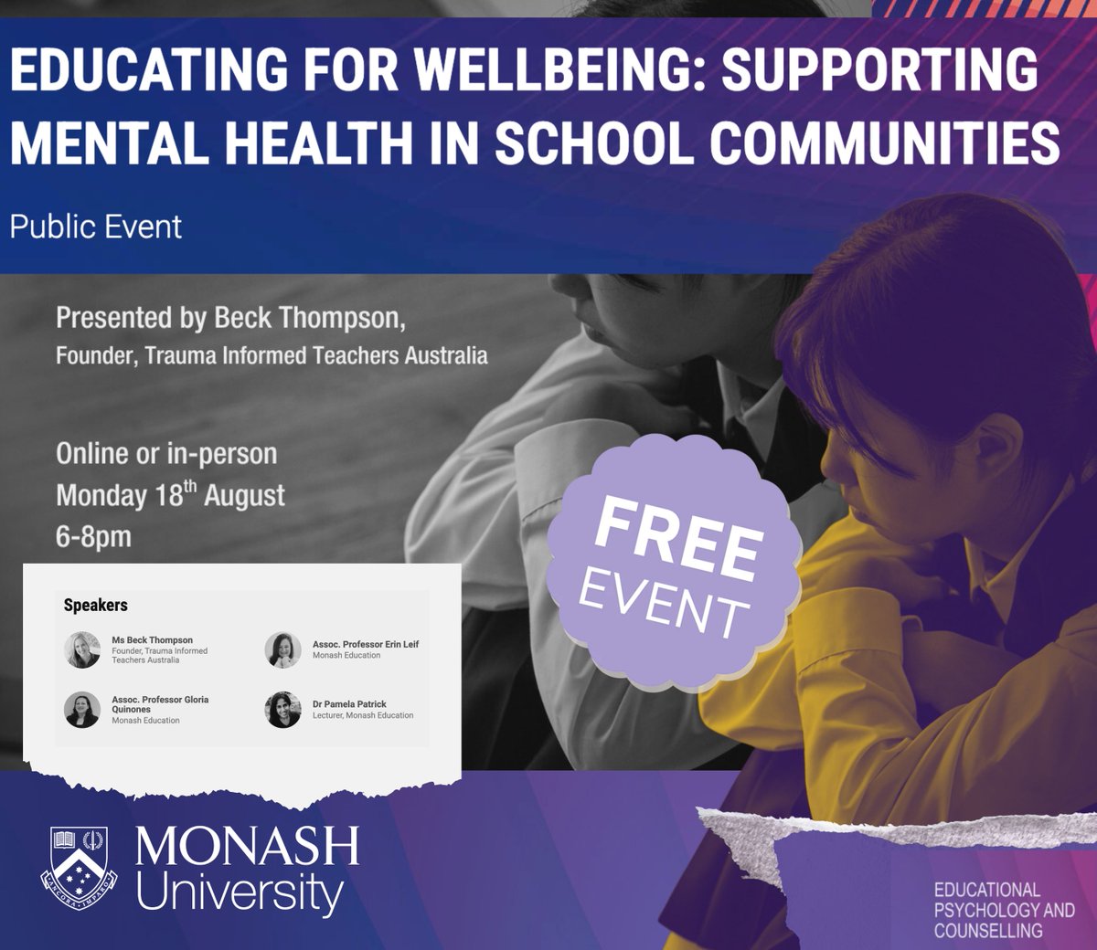 The School of Educational Psychology and Counselling has a free event on trauma-informed strategies (online or in person) coming up in August. And everyone is welcome to attend! 

Here are some more details for your diaries and to register:

Educating for Wellbeing: Supporting