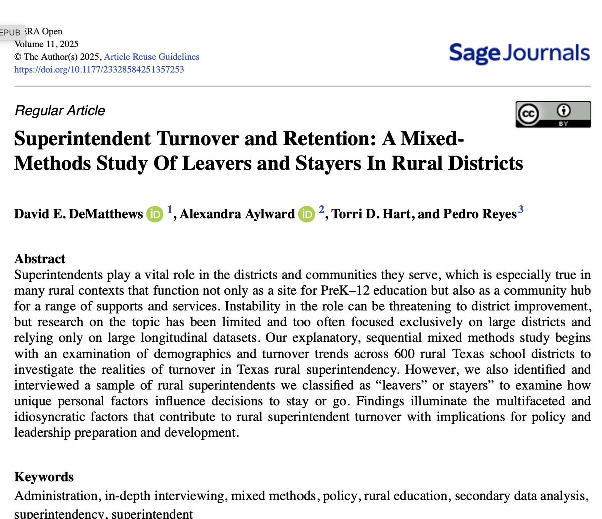 DrDeMatt's tweet image. Rural superintendents face unique pressures—long hours, limited resources, & deep community ties. Our mixed-methods study reveals why they stay, why they leave, and what it means for district stability. @DianeRavitch @CaitlynnPeetz14 @edisonjaden @tasanet journals.sagepub.com/doi/epub/10.11…