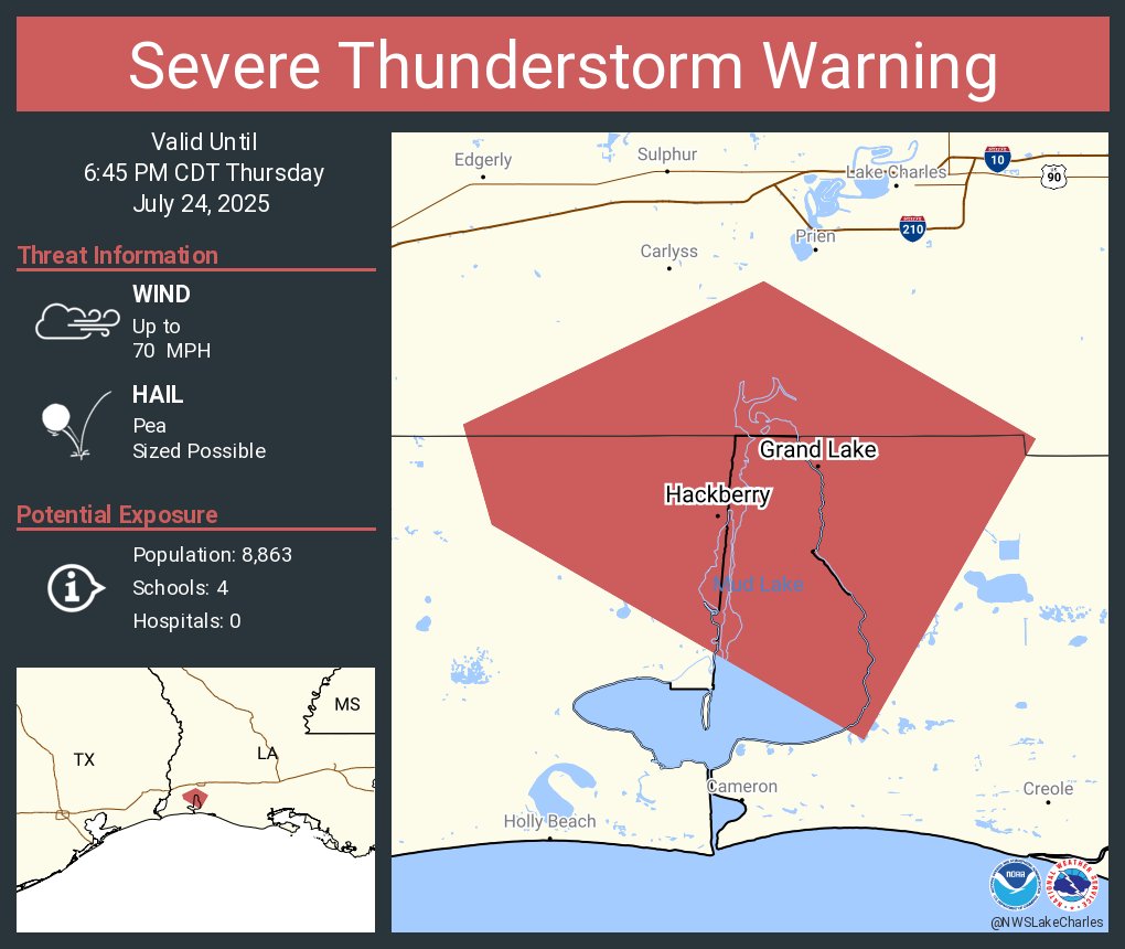 NWSLakeCharles's tweet image. Severe Thunderstorm Warning continues for Hackberry LA and Grand Lake LA until 6:45 PM CDT. This storm will contain wind gusts to 70 MPH!