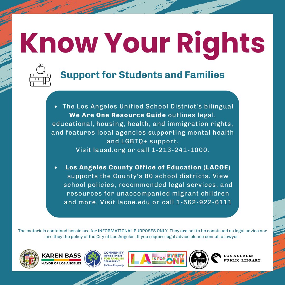 CIFDLA's tweet image. LAUSD's We Are One Resource Guide helps families learn about their rights and details the District's efforts to protect students and communities. Learn more at: lausd.org/weareone
#WeAreOne #LA4Families