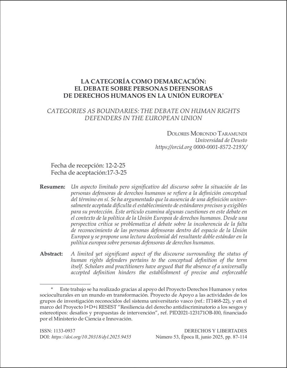 📘 #RevistaDerechosyLibertades Nº 53 (2025) <a href="/idhbc_uc3m/">Derechos Humanos (IDHPB)</a> <a href="/uc3m/">UC3M</a> <a href="/dykinsonlibros/">Librería - Editorial Dykinson 📚</a>

📣Hoy en la sección #Monográfico 📖 “La categoría como demarcación: el debate sobre personas defensoras de DDHH en la UE” a cargo de #DoloresMorondoTaramundi

⬇️¡Léelo aquí!⬇️
🔗doi.org/10.20318/dyl.2…