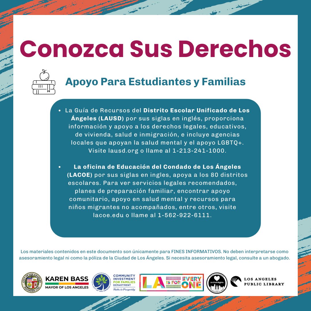 CIFDLA's tweet image. LAUSD's We Are One Resource Guide helps families learn about their rights and details the District's efforts to protect students and communities. Learn more at: lausd.org/weareone
#WeAreOne #LA4Families