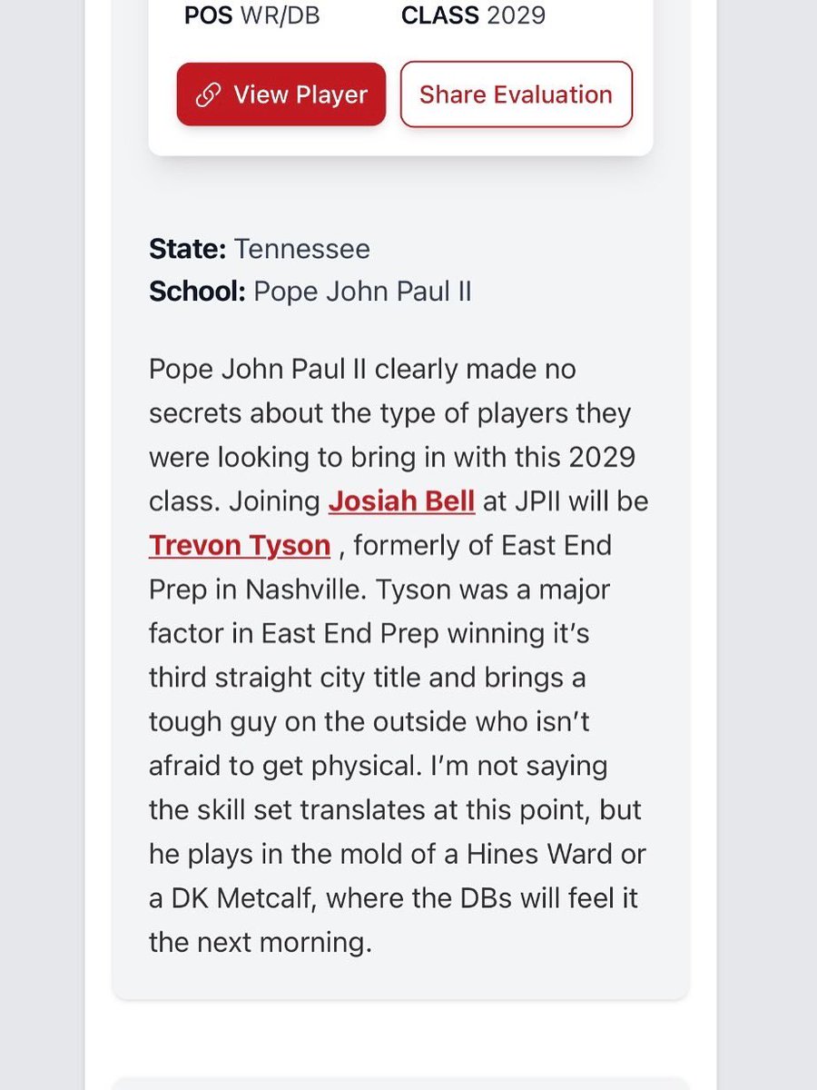 Trevon Tyson (@tjgoingcrazy) on Twitter photo Extremely blessed to be mentioned as one of the top receivers in TN thank you <a href="/PrepRedzoneNext/">Prep Redzone ππππ π</a> for the article
<a href="/tssaastarz/">tssaastarz</a> <a href="/TnVarsity/">TNVarsity</a> <a href="/JPIIKnightsFB/">JPII Football</a> <a href="/Coach_JStewart/">Jamaal Stewart</a> <a href="/PattonBoy_11/">Quinton Patton</a> <a href="/CoachRocBatten/">Roc Batten</a> <a href="/CoachBroadrick/">Chad Broadrick</a> <a href="/Rivals_HS/">Rivals High School</a> <a href="/Tpalmateer83/">Tyler Palmateer</a> <a href="/sports_bk/">Blaine Kellar</a> <a href="/DGAFlightSquad/">DGA Flight Squad 7v7</a> <a href="/CSmithScout/">Chris Smith</a> Extremely blessed to be mentioned as one of the top receivers in TN thank you <a href="/PrepRedzoneNext/">Prep Redzone ππππ π</a> for the article
<a href="/tssaastarz/">tssaastarz</a> <a href="/TnVarsity/">TNVarsity</a> <a href="/JPIIKnightsFB/">JPII Football</a> <a href="/Coach_JStewart/">Jamaal Stewart</a> <a href="/PattonBoy_11/">Quinton Patton</a> <a href="/CoachRocBatten/">Roc Batten</a> <a href="/CoachBroadrick/">Chad Broadrick</a> <a href="/Rivals_HS/">Rivals High School</a> <a href="/Tpalmateer83/">Tyler Palmateer</a> <a href="/sports_bk/">Blaine Kellar</a> <a href="/DGAFlightSquad/">DGA Flight Squad 7v7</a> <a href="/CSmithScout/">Chris Smith</a>