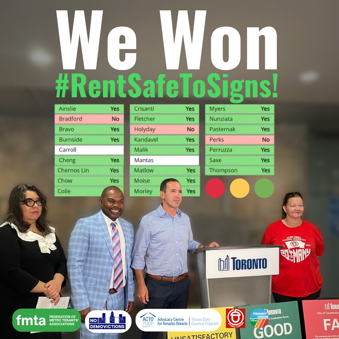 TorontoTenants's tweet image. WE WON #RentSafeTOSigns! After years of tenant advocacy, Toronto will get colour-coded rental building signs & stronger enforcement. Huge step for housing justice!
Thanks to orgs & Councillors who made it happen! #TOpoli @TorontoACORN @nodemovictions @YSWtenants @JoshMatlow