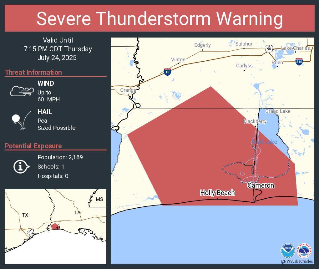 NWSLakeCharles's tweet image. Severe Thunderstorm Warning including Cameron LA and Holly Beach LA until 7:15 PM CDT
