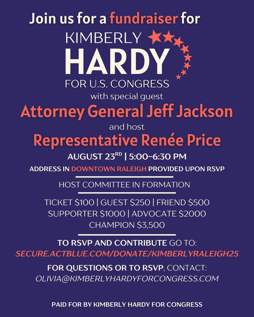Join me, <a href="/JeffJacksonNC/">Jeff Jackson</a>, and <a href="/ReneePrice4NC/">Renee Price</a>  in downtown Raleigh for a fundraiser in support of my #NC07 campaign! Happening August 23rd. Tickets ➡️ secure.actblue.com/donate/kimberl…