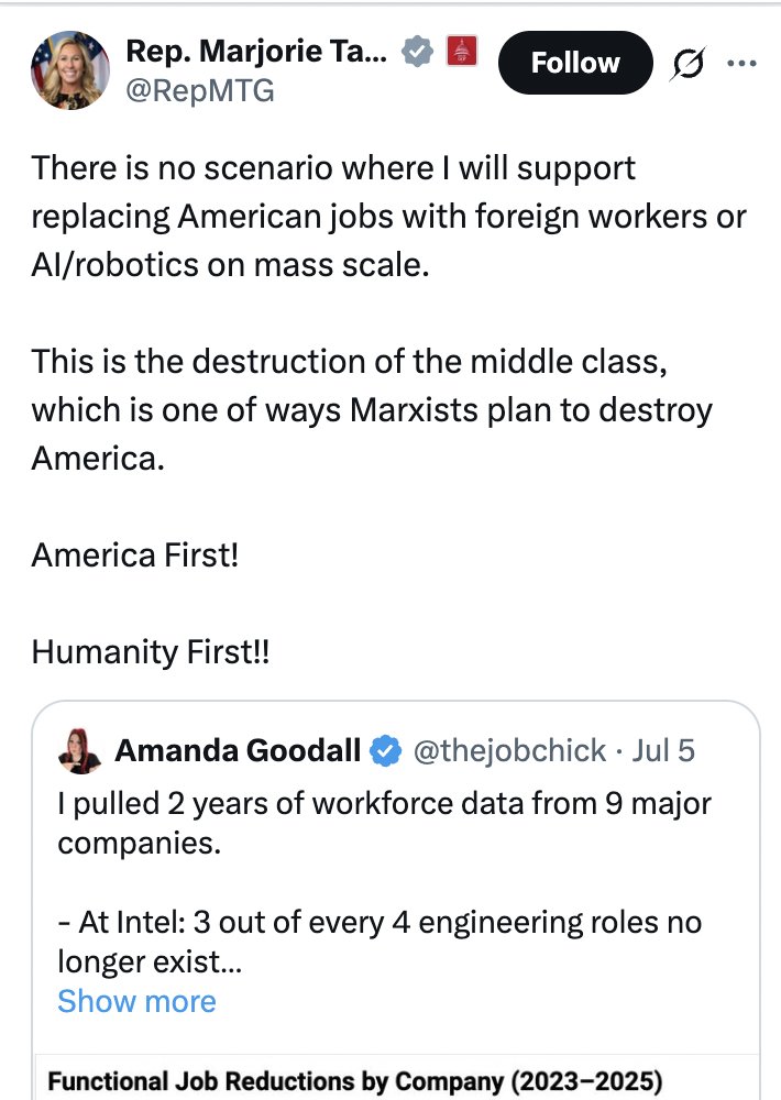 Amanda Goodall (@thejobchick) on Twitter photo What’s happening at Microsoft should scare every working American.
The layoffs.
The memo.
The H1B requests.
<a href="/JDVance/">JD Vance</a>, <a href="/RepMTG/">Rep. Marjorie Taylor Greene🇺🇸</a> and countless others that realize that our labor market situation is waving a red flag.
This isn’t left or right. This is real. And it’s happening in What’s happening at Microsoft should scare every working American.
The layoffs.
The memo.
The H1B requests.
<a href="/JDVance/">JD Vance</a>, <a href="/RepMTG/">Rep. Marjorie Taylor Greene🇺🇸</a> and countless others that realize that our labor market situation is waving a red flag.
This isn’t left or right. This is real. And it’s happening in