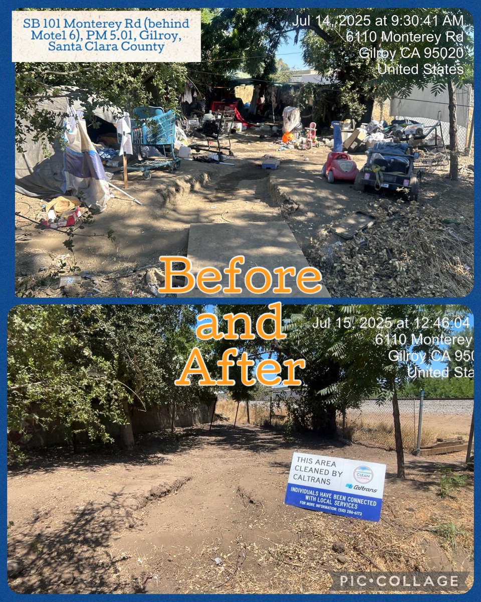 CaltransD4's tweet image. Cleanup for Safety – Gilroy📍SB 101 @ Monterey Rd (behind Motel 6), PM 5.01
🗓 July 14–15, 2025 @ 9 AM
🏕 2 individuals assisted
🗑 80 cu. yds of debris removed
🚨 Response to public reports of growing debris & safety concerns
🔗 csr.dot.ca.gov
#CaltransD4#Gilroy #US101