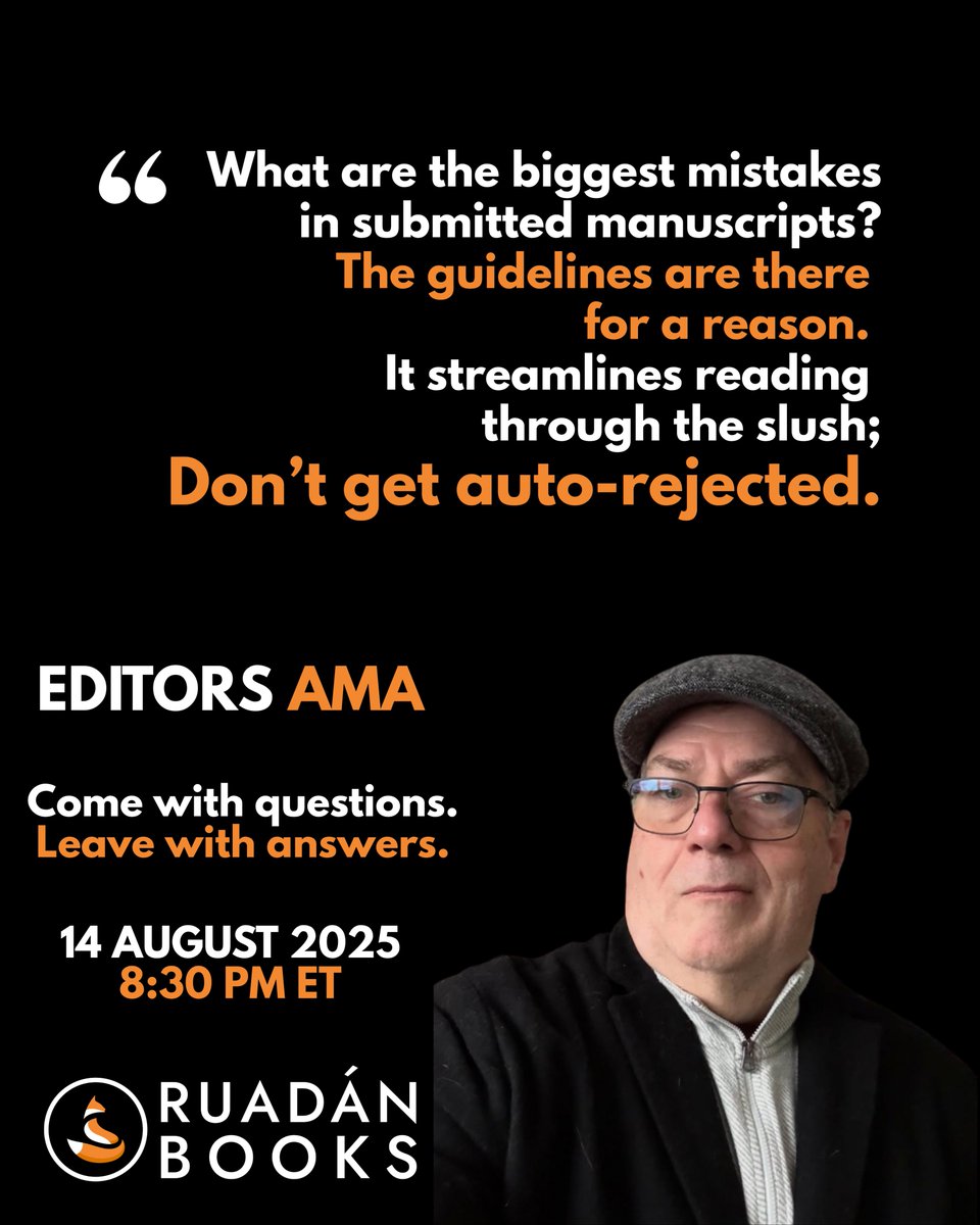 RuadanBooks's tweet image. What are the biggest mistakes our editors see during our open manuscript calls?
For founder Richard B. Wood, the problem starts with the manuscript formatting: "Don't get auto-rejected."
On August 14, join us at 8:30 PM to ask our editors anything: links.ruadanbooks.com/EditorsAMA2…