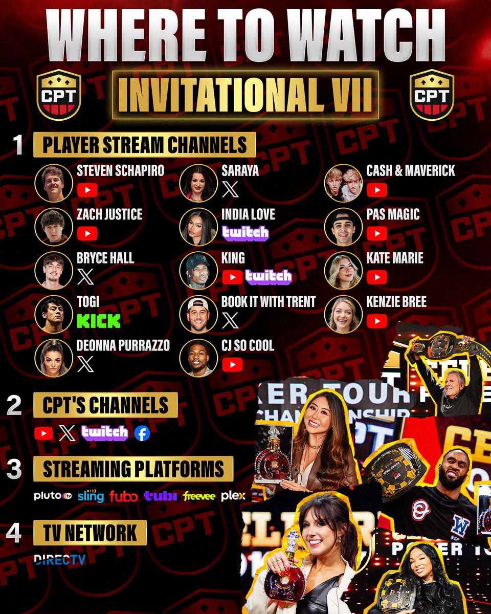 celebpokertour's tweet image. EVERYWHERE YOU CAN WATCH INVITATIONAL VII 🔥
Tune in for exclusive pregame coverage on CPT channels at 5:30pm PT! 🎥