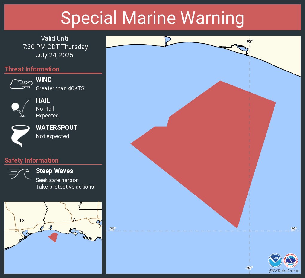 NWSLakeCharles's tweet image. Special Marine Warning including the Waters from Intracoastal City to Cameron LA from 20 to 60 NM, Waters from Cameron LA to High Island TX from 20 to 60 NM and Coastal waters from Intracoastal City to Cameron LA out 20 NM until 7:30 PM CDT