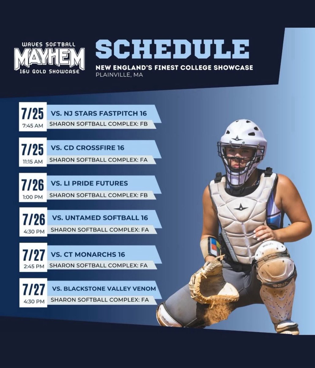 Isabella Sousa (@isabell91421353) on Twitter photo Super excited to showcase my skills at <a href="/NEF_Showcase/">New England's Finest Showcase</a> this upcoming weekend with <a href="/wavessoftball/">Waves mayhem gold 16u</a> !
Come check us out starting tomorrow! Super excited to showcase my skills at <a href="/NEF_Showcase/">New England's Finest Showcase</a> this upcoming weekend with <a href="/wavessoftball/">Waves mayhem gold 16u</a> !
Come check us out starting tomorrow!