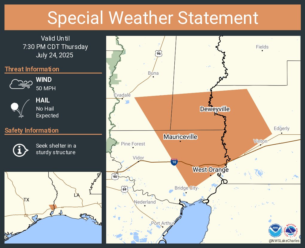 NWSLakeCharles's tweet image. A special weather statement has been issued for West Orange TX, Mauriceville TX and Pinehurst TX until 7:30 PM CDT