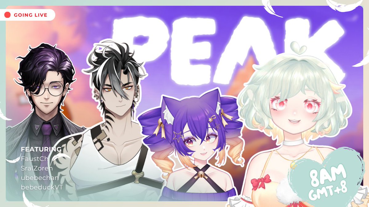 bebeduckVT's tweet image. 【PEAK COLLAB】
gumoniii!💚🖤💜 today we are going to PEAK as vtubers or die trying!! (see you hehe)
#BibeTime starts its ascent around ⊱ 8AM GMT+8 ⊰ ft.
@ubebechan @sralzoren @Faust_Chn
