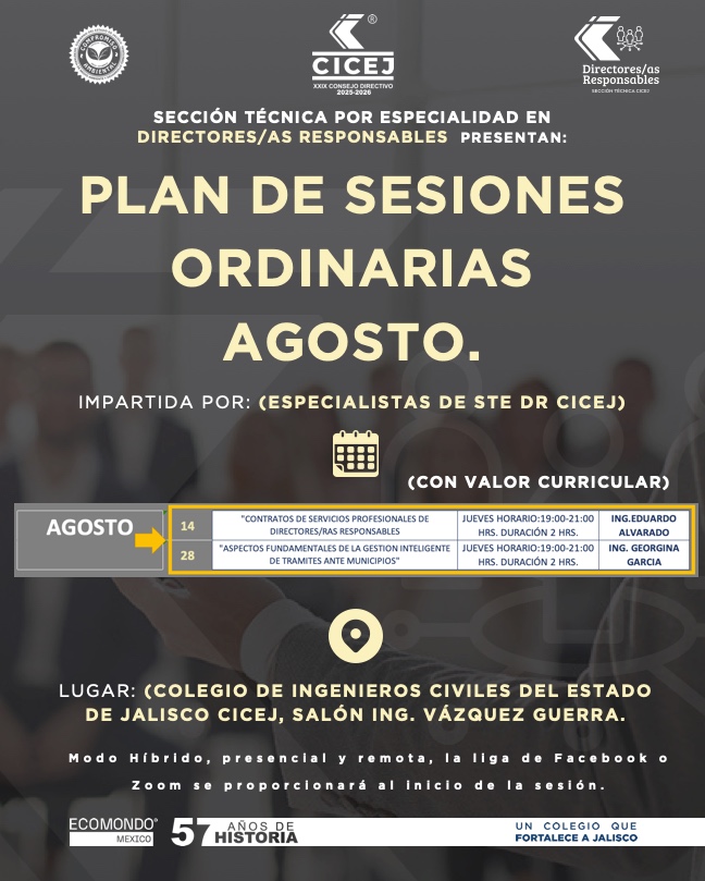 El Colegio y la Sección Técnica de Directores/as Responsables presentan: "Plan de Sesiones Ordinarias de Agosto". Únete a nuestras Sesiones con valor curricular.

🧑🏻‍🏫 Impartido por: Especialistas de STE DR CICEJ
📅 Fechas: Jueves 14 y Jueves 28 de Agosto
🕖 Hora: 19:00 a 21:00
