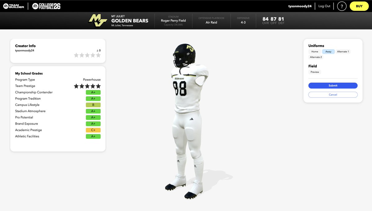 TysonMoody3's tweet image. It got deleted, so I had to restart, but @MJGOLDENBEARFB is in the game! 
(I know they&apos;re UA, but Adidas worked best)
Use code &quot;tysonmoody24&quot;
Beech and Ensworth 🔜
@615Preps