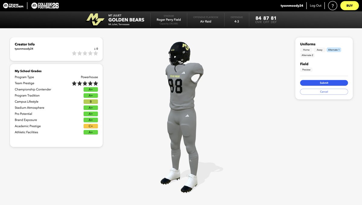 TysonMoody3's tweet image. It got deleted, so I had to restart, but @MJGOLDENBEARFB is in the game! 
(I know they&apos;re UA, but Adidas worked best)
Use code &quot;tysonmoody24&quot;
Beech and Ensworth 🔜
@615Preps