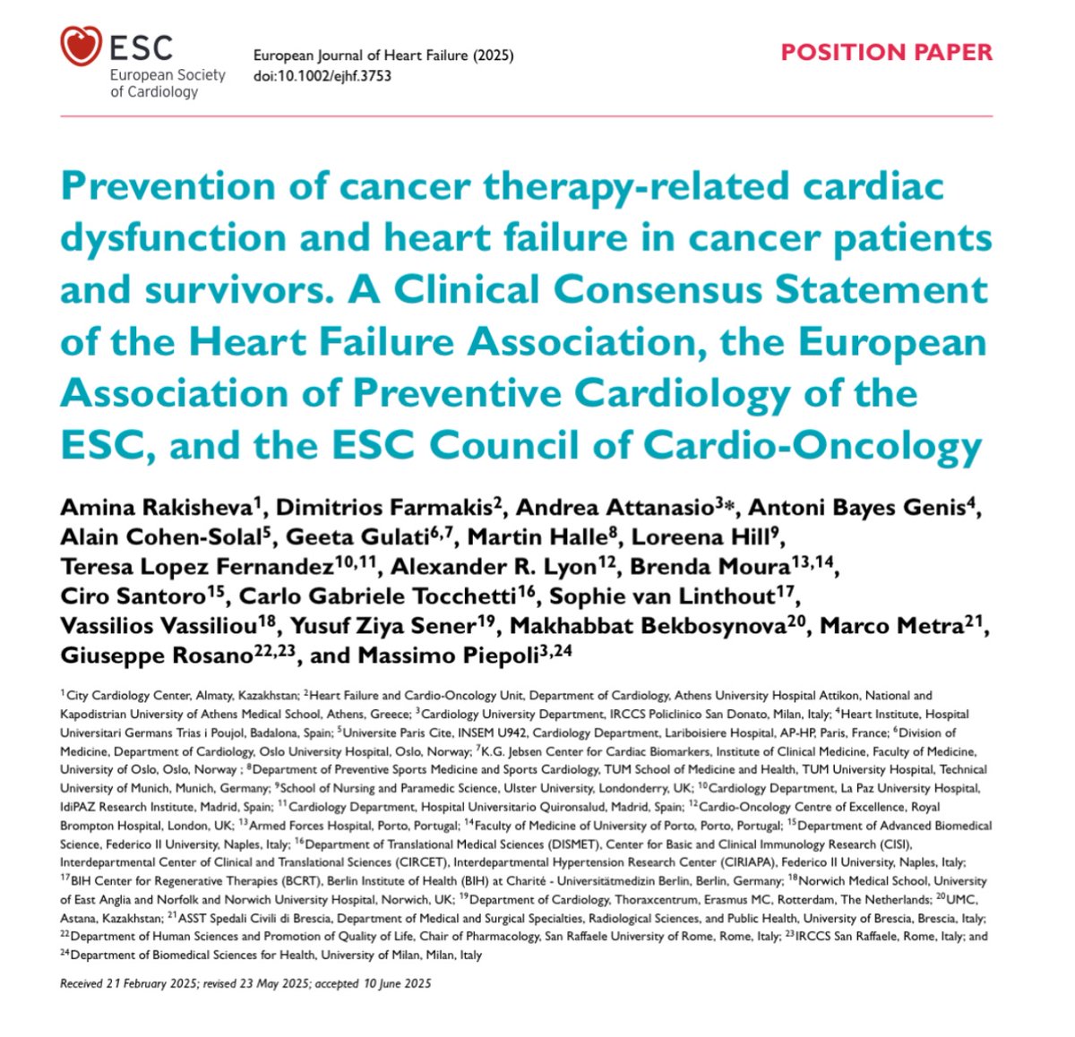 EJHFEiC's tweet image. Prevention of cancer therapy-related cardiac dysfunction and heart failure in cancer patients and survivors. A Clinical Consensus Statement of #HFA
onlinelibrary.wiley.com/doi/10.1002/ej… @ARakisheva
#EJHF
@HanCardiomd @AmrAbdin10 @GiuseppeGalati_