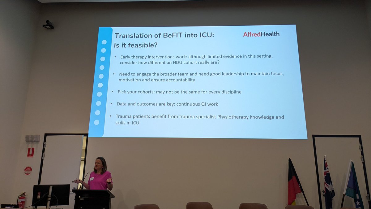 Sara calthorpe presenting the BeFIT body of work and where we go next in managing trauma patients - integrating AH early improves outcomes and saved money but you need staff that have specialist knowledge