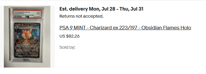 ZardCapital's tweet image. Charizard Capital has acquired:
1x 2023 Obsidian Flames Charizard #223 (PSA 9) for $82.26 USD
This marks the 13th addition to the Strategic Charizard Reserve.