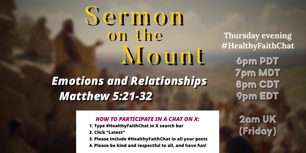 How do we deal with anger?
Lust?
Offending people?

Join our #HealthyFaithChat tonight as <a href="/RachaelColby7/">Rachael M Colby</a> leads a discussion on these and other things from Matthew 5:21-32.

She'll post questions, and you post the hashtag with your responses.

Join the fun and fellowship. 🤓☕️📖