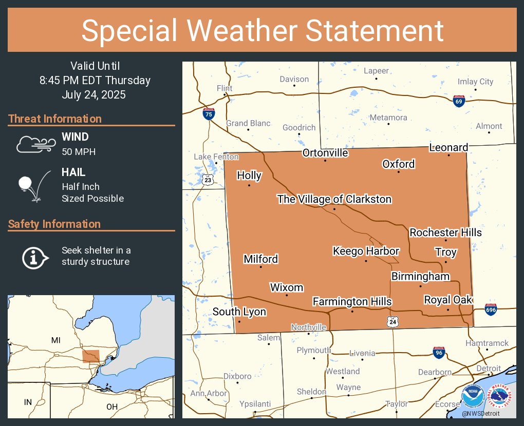 NWSDetroit's tweet image. A special weather statement has been issued for Troy MI, Farmington Hills MI and Southfield MI until 8:45 PM EDT