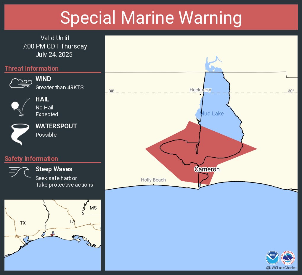 NWSLakeCharles's tweet image. Special Marine Warning continues for the Calcasieu Lake until 7:00 PM CDT