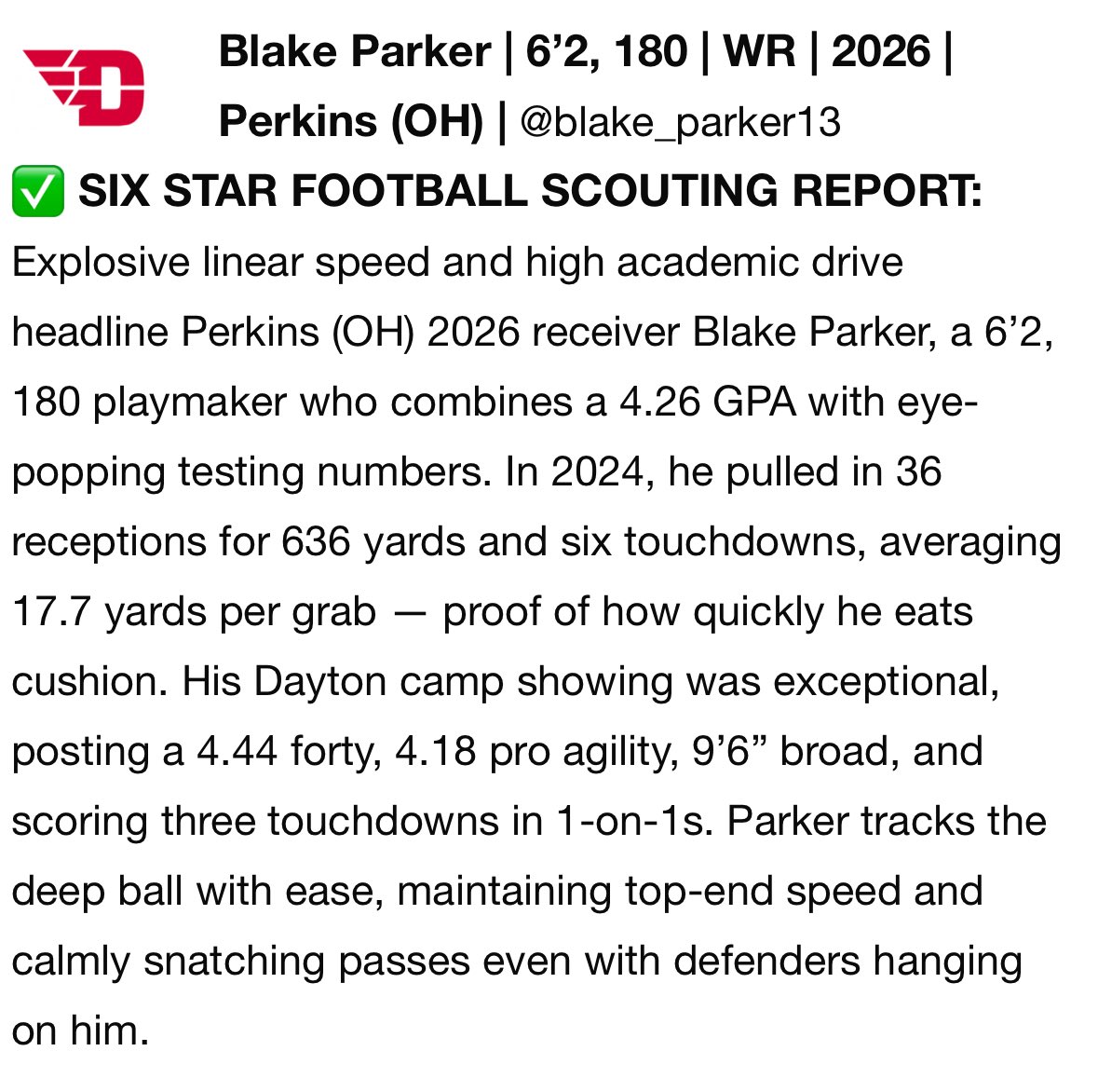 blake_parker13's tweet image. Thank you @sixstarfootball for the article from my time at the @DaytonFootball camp!