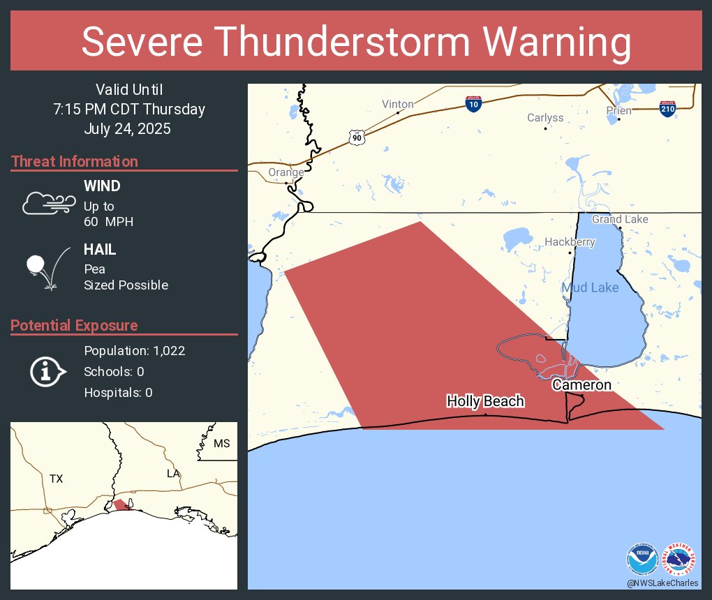 NWSLakeCharles's tweet image. Severe Thunderstorm Warning continues for Cameron LA and Holly Beach LA until 7:15 PM CDT