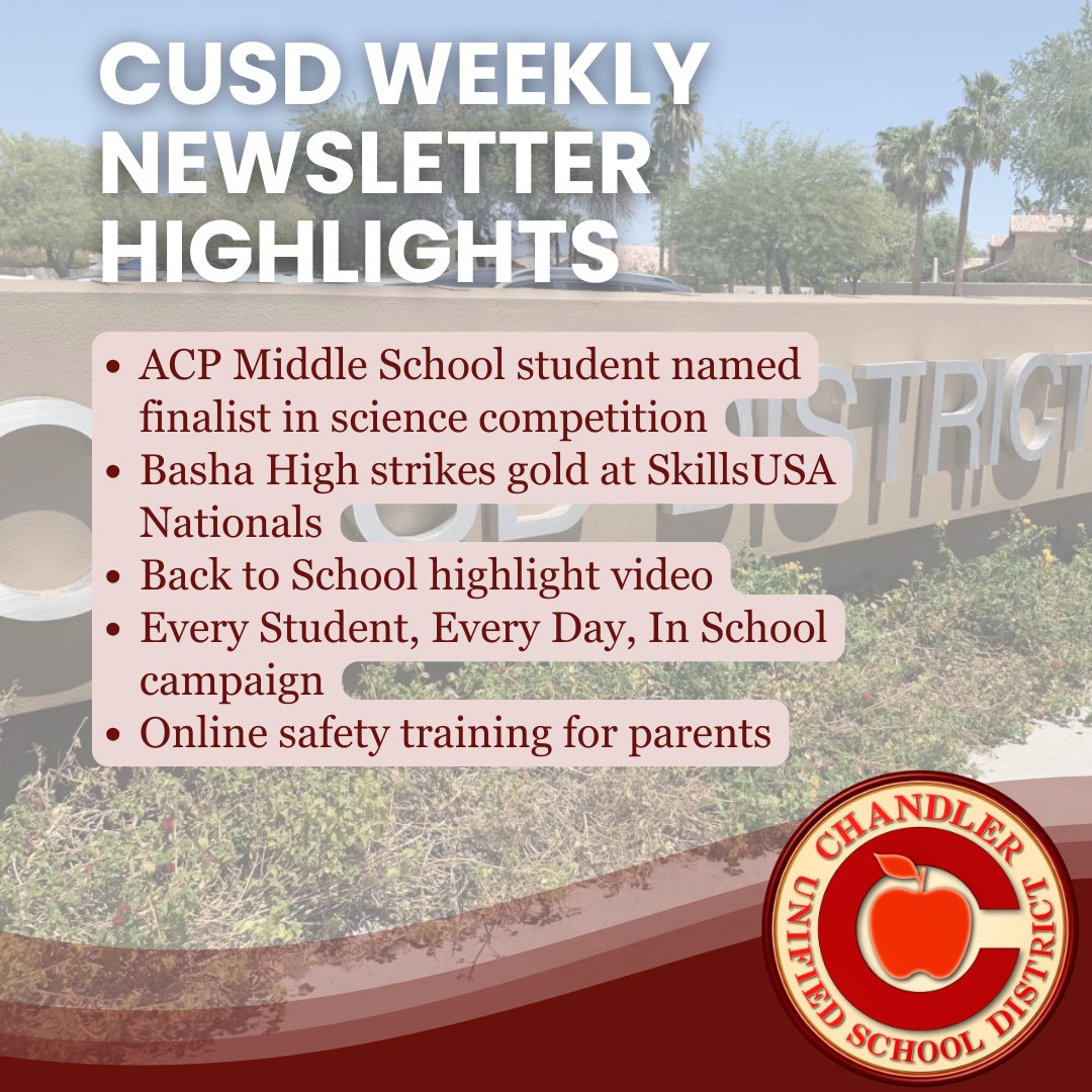 Chandler Unified School District (@chandlerunified) on Twitter photo The latest CUSD Weekly Newsletter is live: bit.ly/4kZFWtX
Highlights include:
⭐ ACP Middle School student named finalist in science competition
⭐ <a href="/bashabearnation/">Basha Bear Nation</a> strikes gold at SkillsUSA Nationals
⭐ Back to School highlight video
⭐ And more #WeAreChandlerUnified The latest CUSD Weekly Newsletter is live: bit.ly/4kZFWtX
Highlights include:
⭐ ACP Middle School student named finalist in science competition
⭐ <a href="/bashabearnation/">Basha Bear Nation</a> strikes gold at SkillsUSA Nationals
⭐ Back to School highlight video
⭐ And more #WeAreChandlerUnified