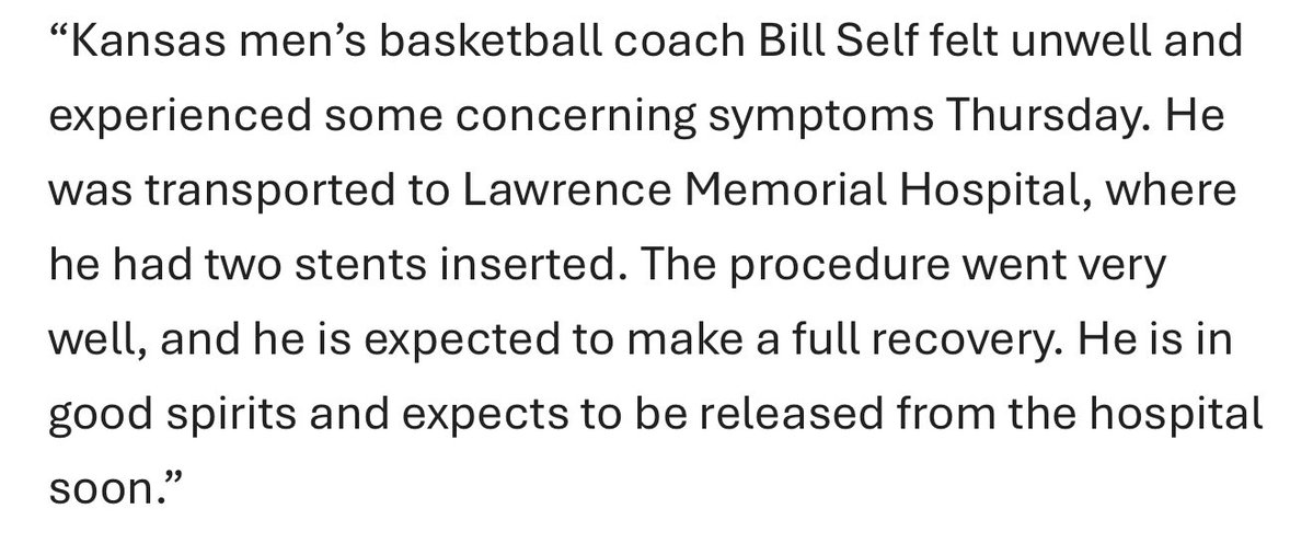 A statement from KU regarding Bill Self’s health. 

Coach is expected to make a full recovery.
