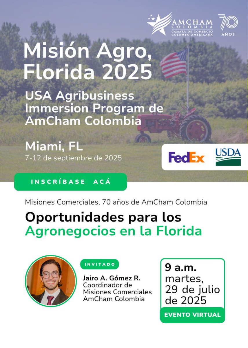 🔔 ¿Representa a una empresa o emprendimiento del agro? Este 29 de julio, descubra cómo Florida puede ser la puerta de entrada al mercado estadounidense. 🌱
Participe en el espacio informativo del USA Agribusiness Immersion Program 2025.
🕘 9:00 a. m.
Inscríbase 👉