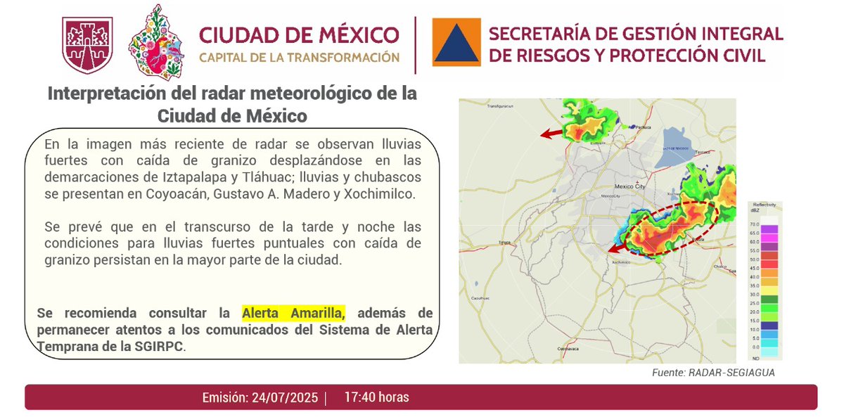Secretaría de Gestión Integral de Riesgos y PC (@sgirpc_cdmx) on Twitter photo Se observan lluvias fuertes con caída de granizo desplazándose en las demarcaciones de <a href="/Alc_Iztapalapa/">Alcaldía Iztapalapa</a> y <a href="/TlahuacRenace/">Alcaldía Tláhuac</a>.
#LaPrevenciónEsNuestraFuerza Se observan lluvias fuertes con caída de granizo desplazándose en las demarcaciones de <a href="/Alc_Iztapalapa/">Alcaldía Iztapalapa</a> y <a href="/TlahuacRenace/">Alcaldía Tláhuac</a>.
#LaPrevenciónEsNuestraFuerza