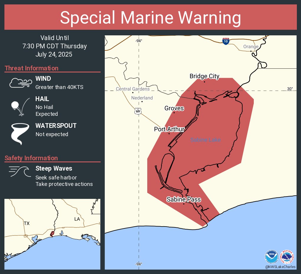 NWSLakeCharles's tweet image. Special Marine Warning including the Sabine Lake until 7:30 PM CDT