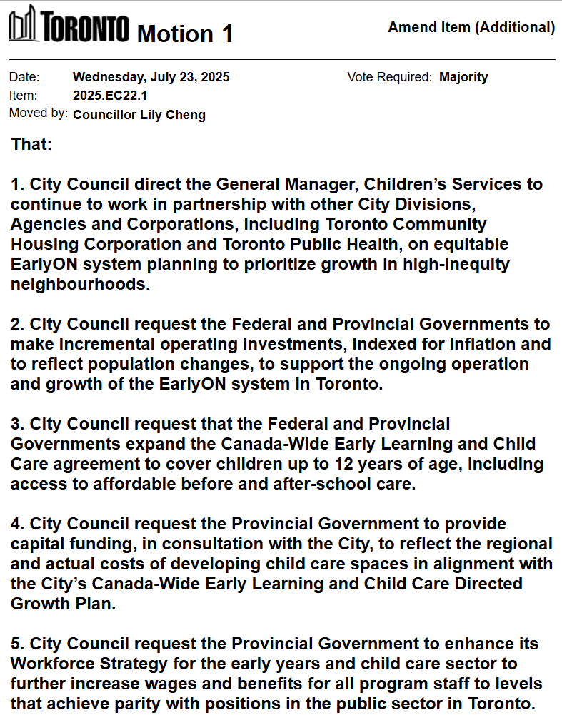 TorontoCouncil's tweet image. Councillor Cheng has moved a motion on Item EC22.1 - Toronto’s Early Years and Child Care Service Plan, 2025-2030 secure.toronto.ca/council/agenda… #tocouncil