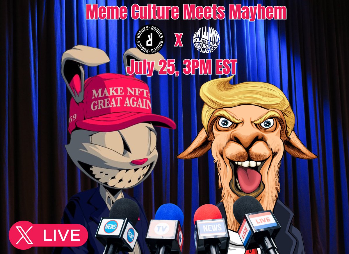 July 25. 3 PM EST.

The most politically incorrect llamas on Solana meet the Rogues of the chain.

Join us for a 🔥 X Space with <a href="/RoguesNFT/">Rogues</a> — diving into culture, chaos, and community-building in the world of NFTs.