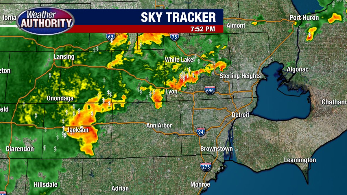 7:53 PM Weather Radar Update... T-Storms with HEAVY DOWNPOURS are crossing Jackson, Livingston and Oakland Counties... moving NE.