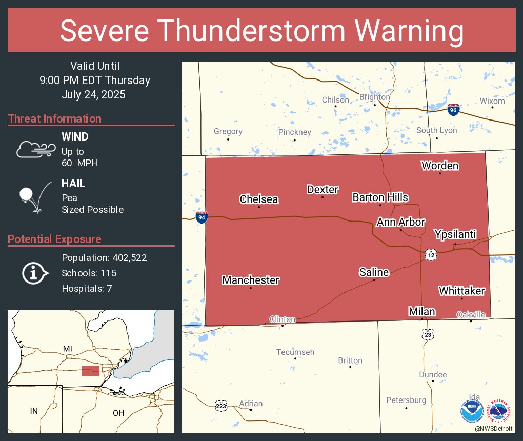 NWSDetroit's tweet image. Severe Thunderstorm Warning including Ann Arbor MI, Ypsilanti MI and Saline MI until 9:00 PM EDT