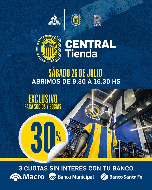 🔥🇺🇦 ¡CENTRAL TIENDA CON DESCUENTO EXCLUSIVO PARA SOCIOS CANALLAS!

Este sábado antes del partido, aprovechá un 30% de descuento en Central Tienda 💥
✅ 3 cuotas sin interés (Banco Municipal, Macro y Santa fe)
✅ De 9:30 a 16:30
📍En el Gigante de Arroyito