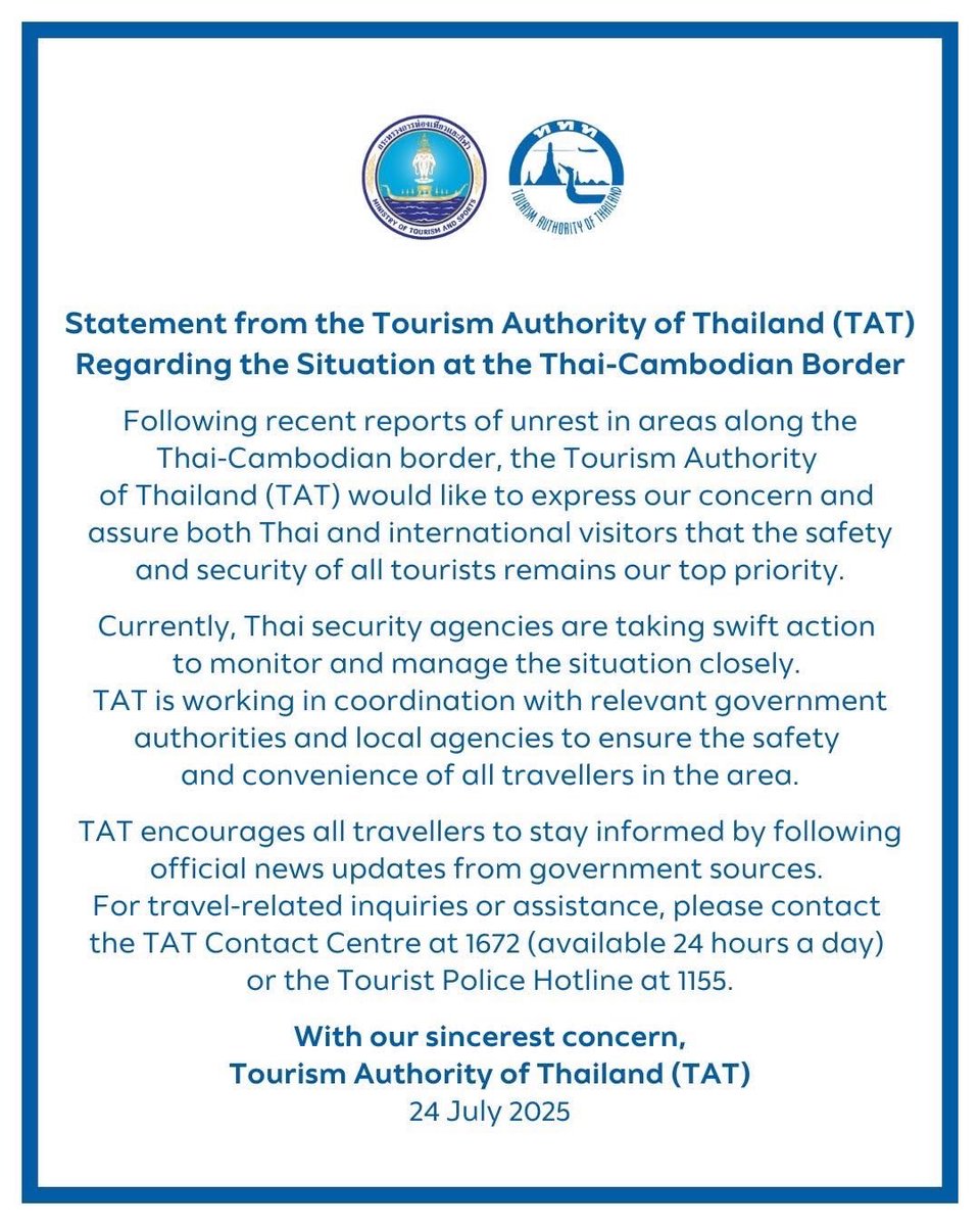 Tatnews_Org's tweet image. 📢 TAT is monitoring unrest near the Thai-Cambodian border. Tourist safety is our priority. For help, call TAT 1672 or Tourist Police 1155.
#Thailand #TATNews #ThaiTravelNews #ThailandSafety #TravelAlert