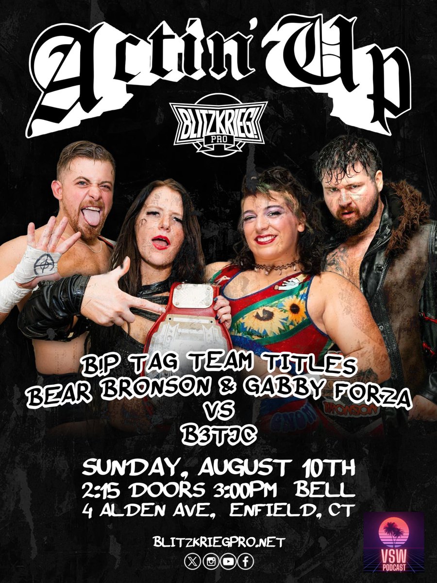 Blitzkrieg_Pro's tweet image. 👊BREAKING👊

TAG TEAM CHAMPIONSHIP MATCH
@bearbronsonBC &amp;amp; @the_gnomie 
vs
@TJCWrestling &amp;amp; @b3cca4ever (c)

has been added to “Actin’ Up” on Sun Aug 10th thanks to @VSWpodcast 

🎟: BlitzkriegPro.net
📺: IWTV.live