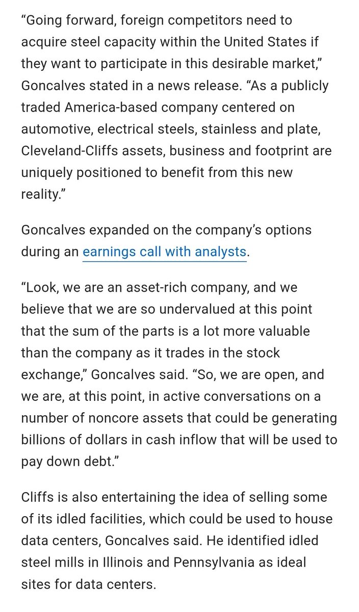 After working hard to scuttle Nippon Steel's purchase of rival US Steel on supposed "national security" grounds, Cleveland-Cliffs' CEO says he's "open" to foreign investment in the company and to selling off its assets. 🤔 share.google/O3e2micg9mdmx9…