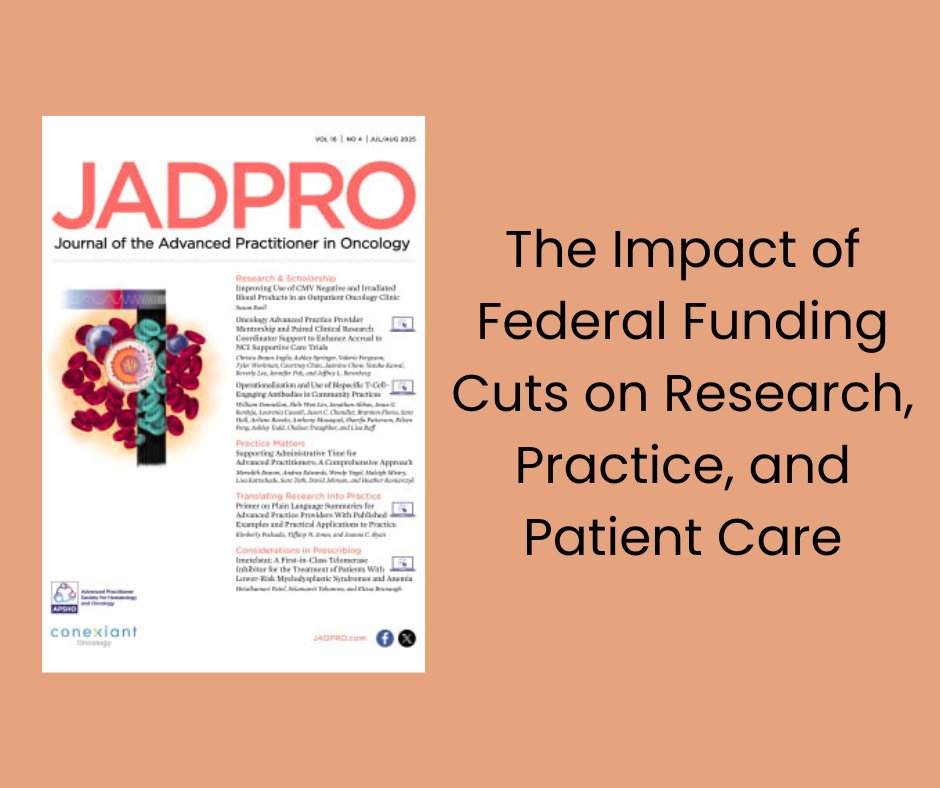 JADPRO (@jadpro) on Twitter photo Federal funding cuts have terminated over 2,000 NIH grants and dozens of clinical trials. <a href="/Bethfaiman/">Beth Faiman PhD</a> highlights how these changes may affect research, patient care, and the advanced practitioner workforce.
🔗 jadpro.com/issues/volume-…
#OncologyAP #HealthPolicy Federal funding cuts have terminated over 2,000 NIH grants and dozens of clinical trials. <a href="/Bethfaiman/">Beth Faiman PhD</a> highlights how these changes may affect research, patient care, and the advanced practitioner workforce.
🔗 jadpro.com/issues/volume-…
#OncologyAP #HealthPolicy
