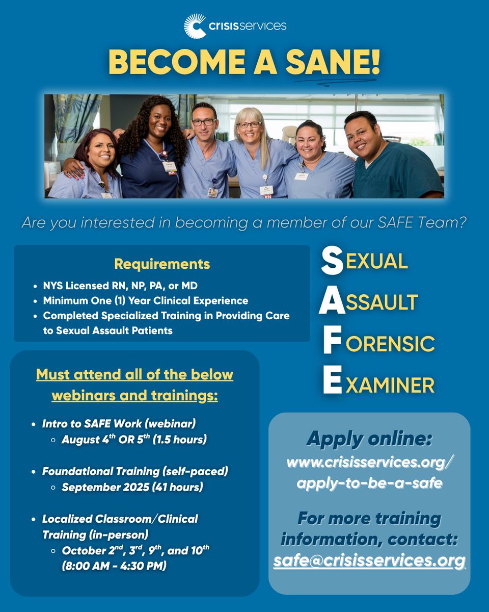 Crisis_Services's tweet image. 📢 Passionate about supporting survivors of sexual assault? Become a SANE (Sexual Assault Forensic Examiner) and make a real impact.

Trainings + webinars available. 💪

📩 safe@crisisservices.org

#SAFEprogram #WeBelieveYou #SAsupport #BecomeASANE