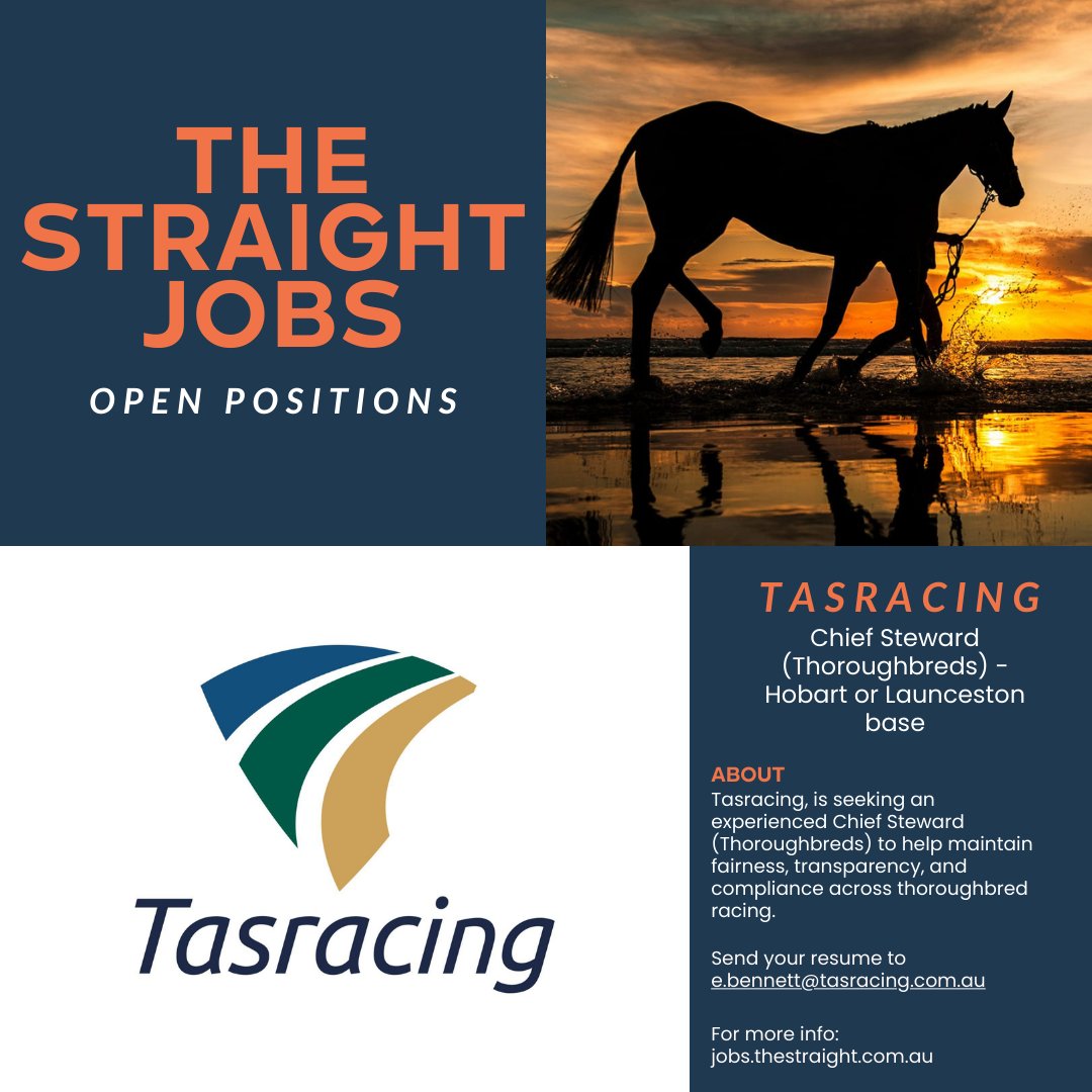The Straight (@thestraightonx) on Twitter photo π¨ Job Alert: Chief Steward (Thoroughbred)
<a href="/TasracingAus/">Tasracing Australia</a> is seeking a seasoned steward to lead integrity operations across Tasmaniaβs thoroughbred code.
π Based in Hobart
β³ Applications close July 26
View the full role via The Straight Jobs:
π jobs.thestraight.com.au π¨ Job Alert: Chief Steward (Thoroughbred)
<a href="/TasracingAus/">Tasracing Australia</a> is seeking a seasoned steward to lead integrity operations across Tasmaniaβs thoroughbred code.
π Based in Hobart
β³ Applications close July 26
View the full role via The Straight Jobs:
π jobs.thestraight.com.au