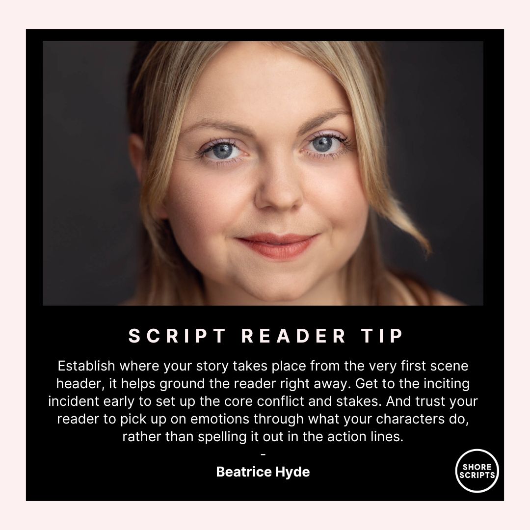 Beatrice Hyde is one of our #ScriptCoverage readers, and her advice is a reminder that simple tweaks can make an impact. Whether you're working on a first draft or a final polish, grounding the reader and building emotional tension from the start can make your script stand out!
