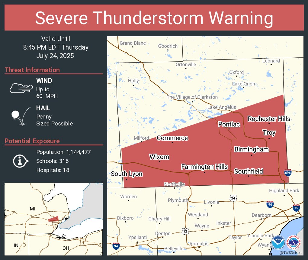 NWSDetroit's tweet image. Severe Thunderstorm Warning including Troy MI, Farmington Hills MI and Southfield MI until 8:45 PM EDT