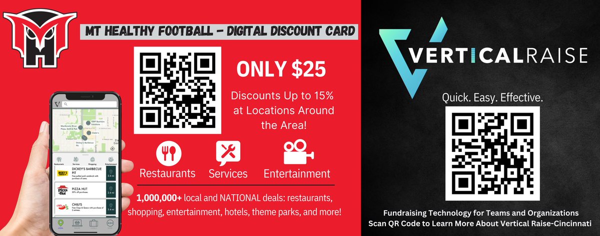 Mt. Healthy Football (@mthowlnation) on Twitter photo WE HOPE YOUR HAVING A GREAT DAY! We are doing our discount card fundraiser with <a href="/VRaiseCincy/">Vertical Raise Cin_Day_NKY</a>. These discounts are for ANYONE in the US! You could be any location and it would populate to where you are. We appreciate anything! WE HOPE YOUR HAVING A GREAT DAY! We are doing our discount card fundraiser with <a href="/VRaiseCincy/">Vertical Raise Cin_Day_NKY</a>. These discounts are for ANYONE in the US! You could be any location and it would populate to where you are. We appreciate anything!