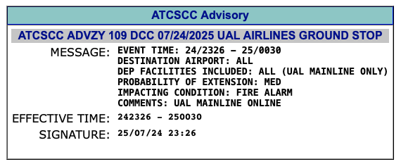 Looks like this is gonna be a thing: United Airlines just issued a networkwide ground stop due to a fire alarm going off at its Network Operations Center. fly.faa.gov/adv/adv_otherd…
